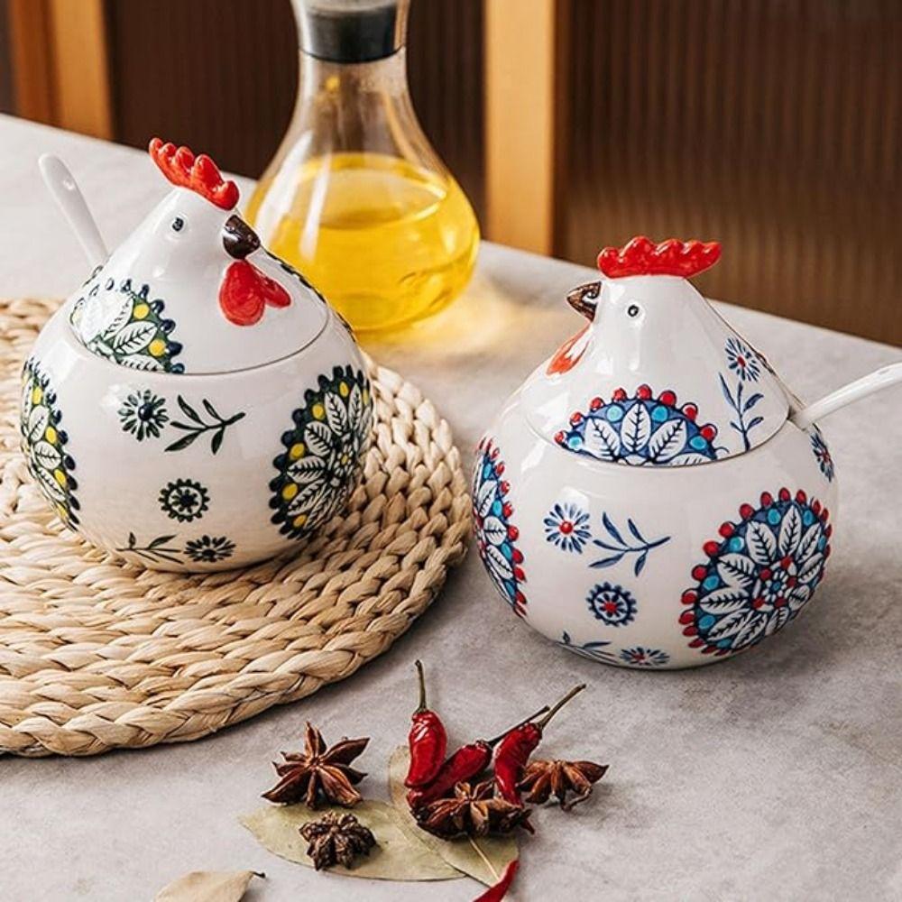 Household Rooster Ceramic Spice Jars Creative Porcelain Condiment Pot  Kitchen Decor