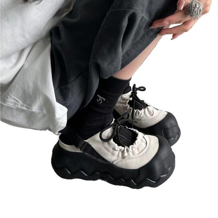 2025 Spring New Big Head Bread Shoes Women's Dark Apricot Wave Platform Fashion Casual Smile Single Shoes