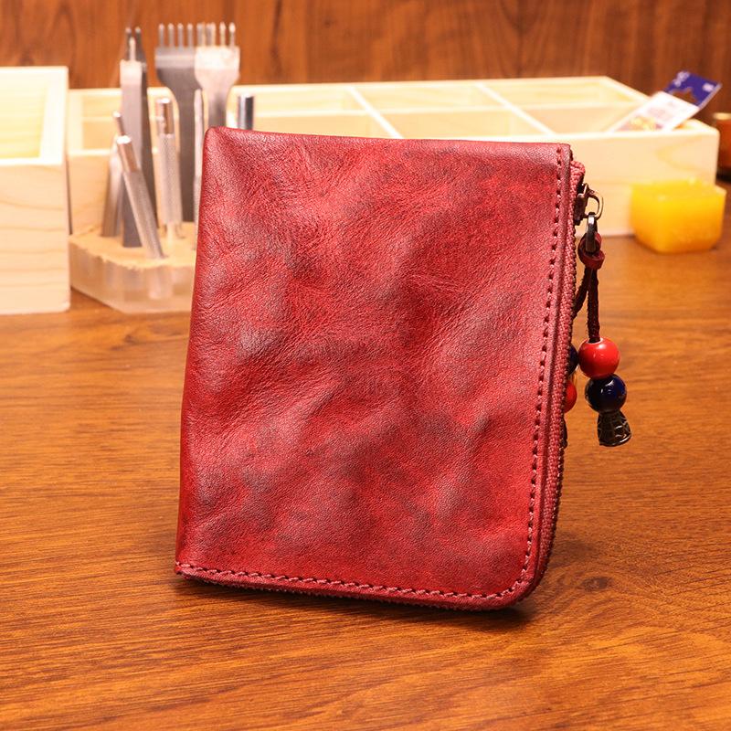Head Layer Cowhide Wallet for Men, Vintage Vintage Vintage Tanned Leather Wallet for Women, Minimalist Japanese Zipper Wallet
