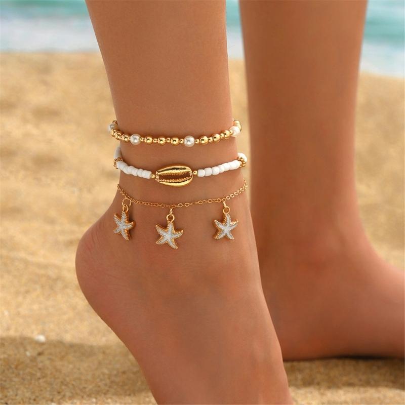 Bohemian Styles Shell Anklets Set with Starfish and Cowrie Charm Adjustable Beach Foot Jewelry for Women