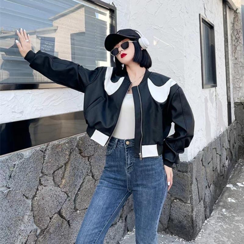 

Весенний дизайн, нишевая куртка с застежкой-молнией, черная искусственная кожа, с длинными рукавами, короткое байкерское пальто для женщин XL