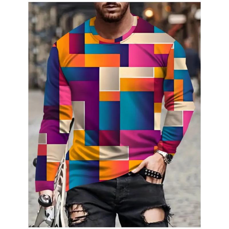 T Shirts for Man Geometric Block 3D Print Autumn Long Sleeve T-Shirt Pullover Casual Male Tops Street Lightweight Men's Clothes