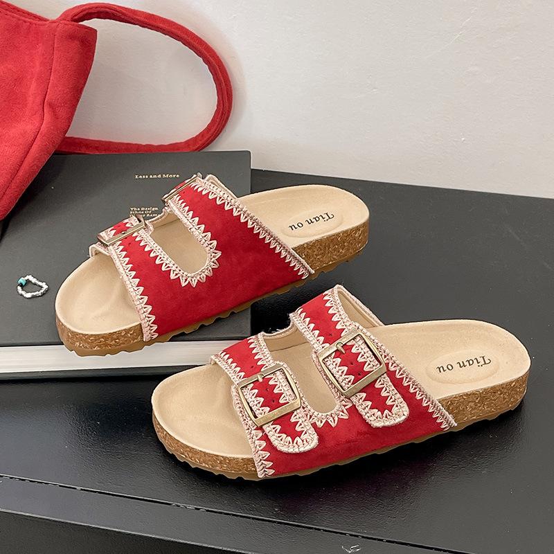 Mori Retro Double-buckle One-word with Thick-soled Slippers for Women's Outer Wear 2025 New One-pedal Birkencool Slippers