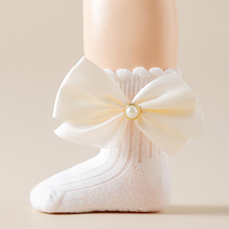 

Baby Toddler Socks with Large Satin Bow and Decorative Pearl Accent Soft Knit Ankle Length Socks for Infant Girls and Boys S