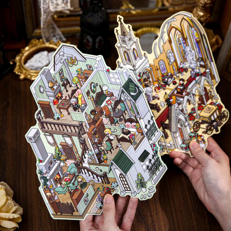 Detective Series Landscape Flat Stickers European Style Miniature Scene DIY Decompression Sticker
