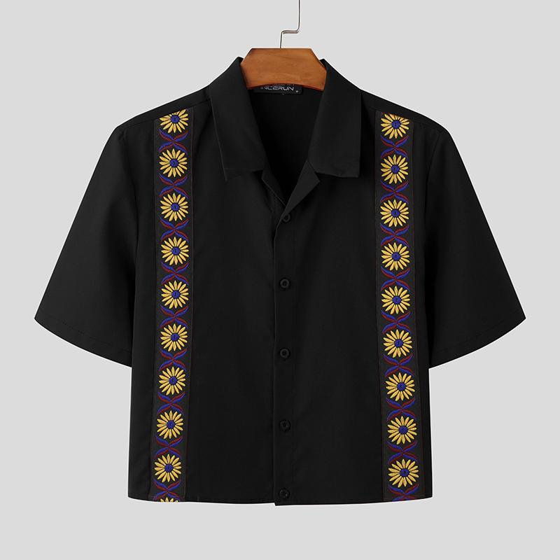 

INCERUN Summer Men Lapel Short Sleeve Button Embroidery Casual Loose Short Shirts 2XL чёрный