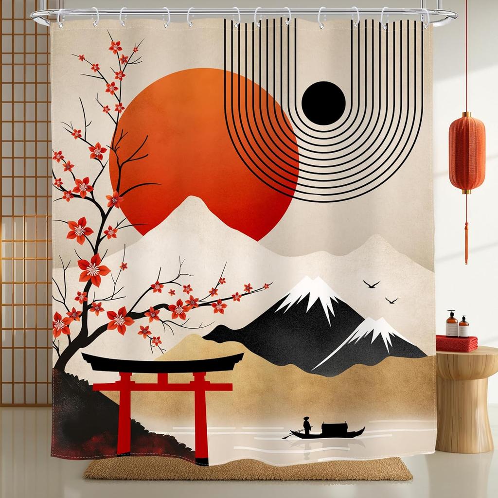 Japanese Shower Curtain Boho Cherry Blossom Mid Century Abstract Asian Mountain Sun Nature Landscape Bathroom Modern Arch