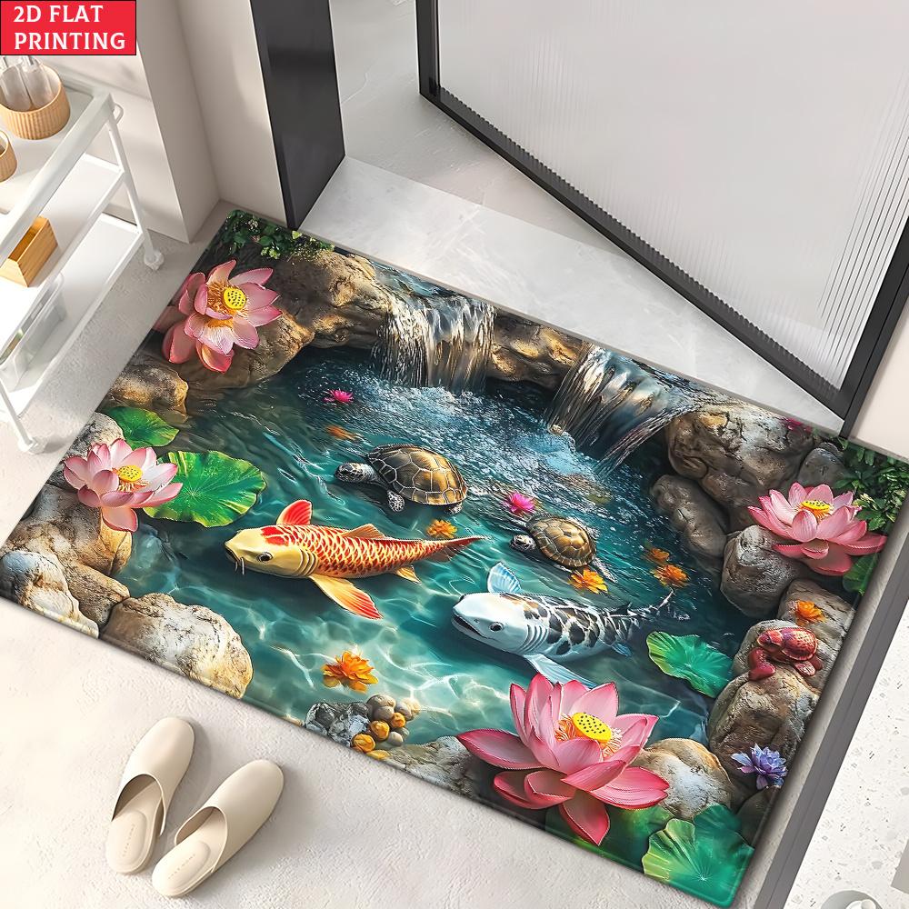 3D Koi Fish Pond Doormat Realistic Koi Fish Waterfall Lotus Print Non Slip Floor Mat for Zen Decor