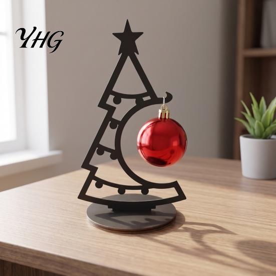 Metal Tabletop Ornament Christmas Tree Table Decoration, Line Art Holiday Sculpture with Hollow Ornaments Red Ball for Xmas Party Desk, Shelf, Mantel