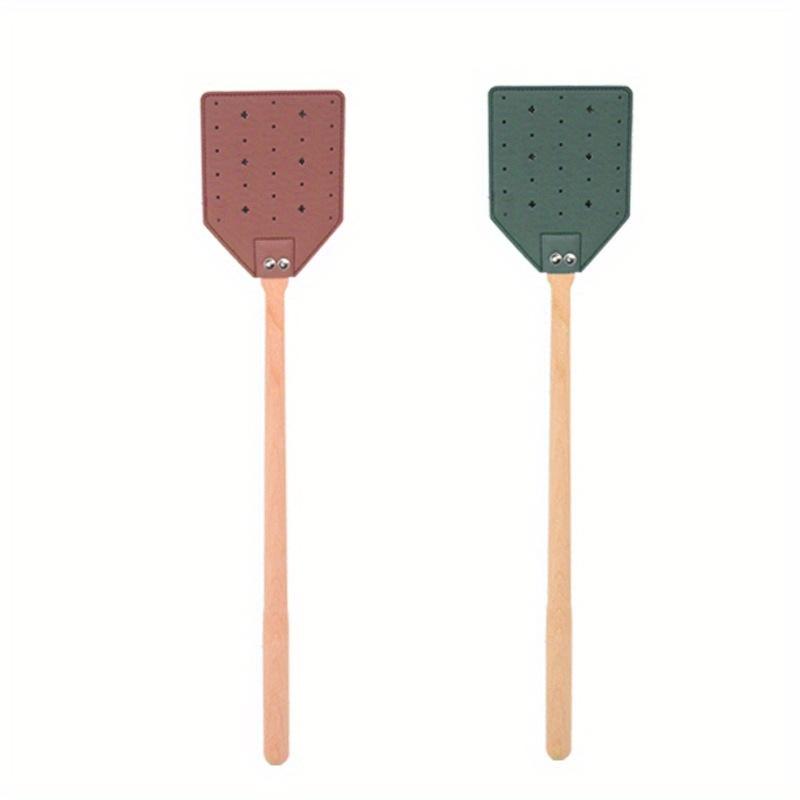 1 pezzo Batt Mosca Robusto in Pelle Marrone con Manico Lungo in Legno di Faggio per Interni ed Esterni.