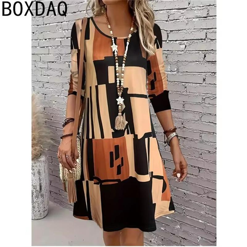 Women Geometric Maze Pattern Print Dress Long Sleeve O-Neck Casual Ladies Dress Female Vintage Elegant A-Line Dress Vestidos