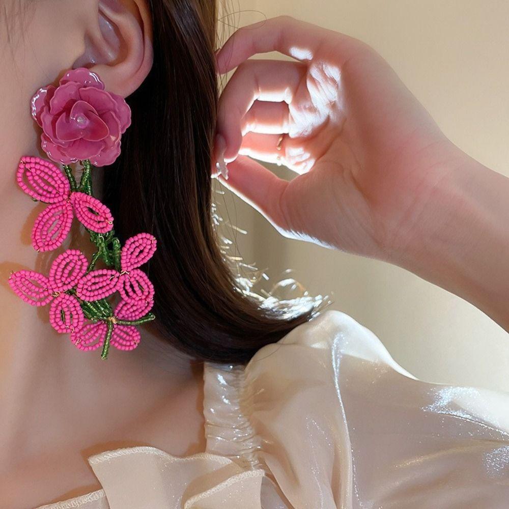 Exaggerated Flower Tassel Earrings Bead Long Tassel Earrings New Drop Earrings  Ear Jewelry