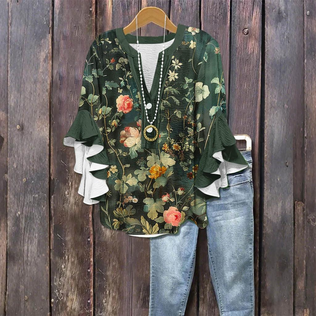 Women's Fashion Casual Button V-Neck Seven Sleeve Vintage Printed Shirt Top