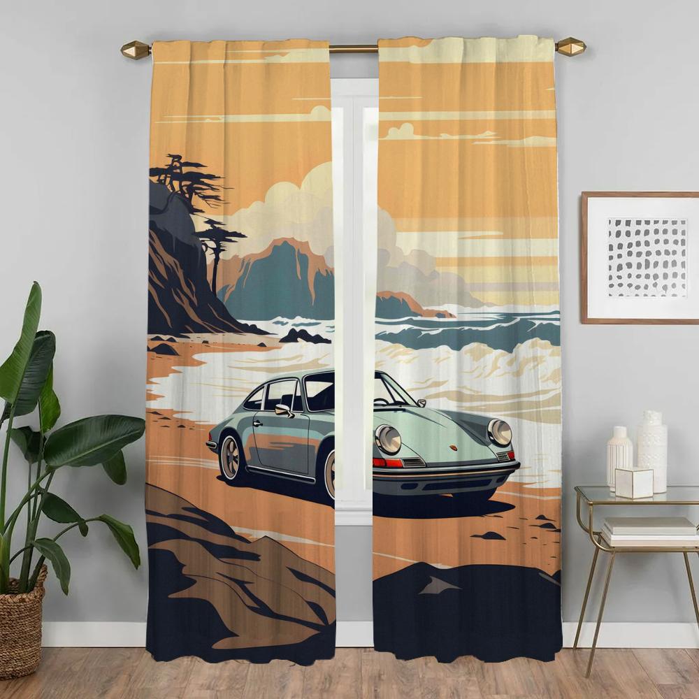 Kitchen Curtains for Living Room Car In the Sun Home Interior Curtains 2 Pieces Tulle for Bedroom Halloween Decoration Partition