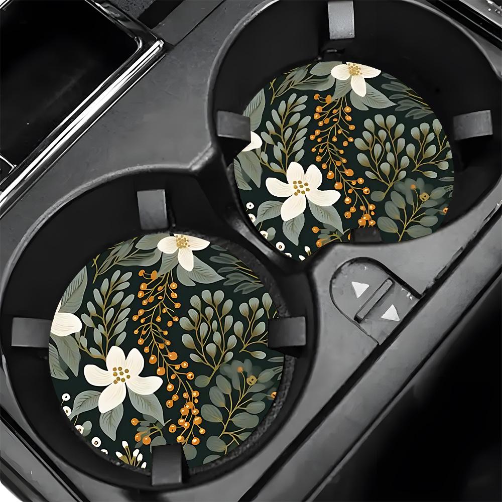 Set of 2 Absorbent Rubber Coasters with a Easy Flower Design for Car Cup Holders - Chic Interior Car Additions