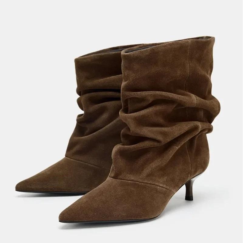 Winter Pointed Toe Ankle Boots Women Pleated Short Boots Elegant Designer Ankle Boots for Women Size 35-42