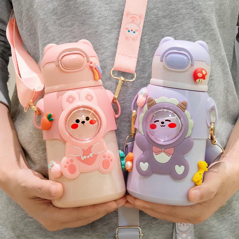 Children Mug Stainless Steel Leak-Proof Vacuum Flask With Straw Cartoon Thermal Water Bottle Drinkware