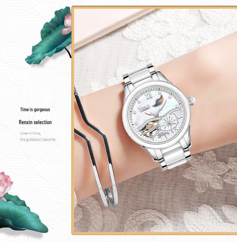 Montre Mécanique Automatique pour Femme NESUN - Élégante, Lumineuse, Étanche, Design Squelette pour Cadeau de Saint-Valentin