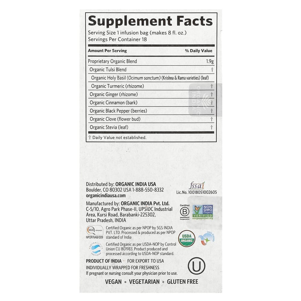 Organic India Tulsi Turmeric Ginger Tea, Caffeine-Free, 18 Tea Bags, 34.2g (1.2oz)