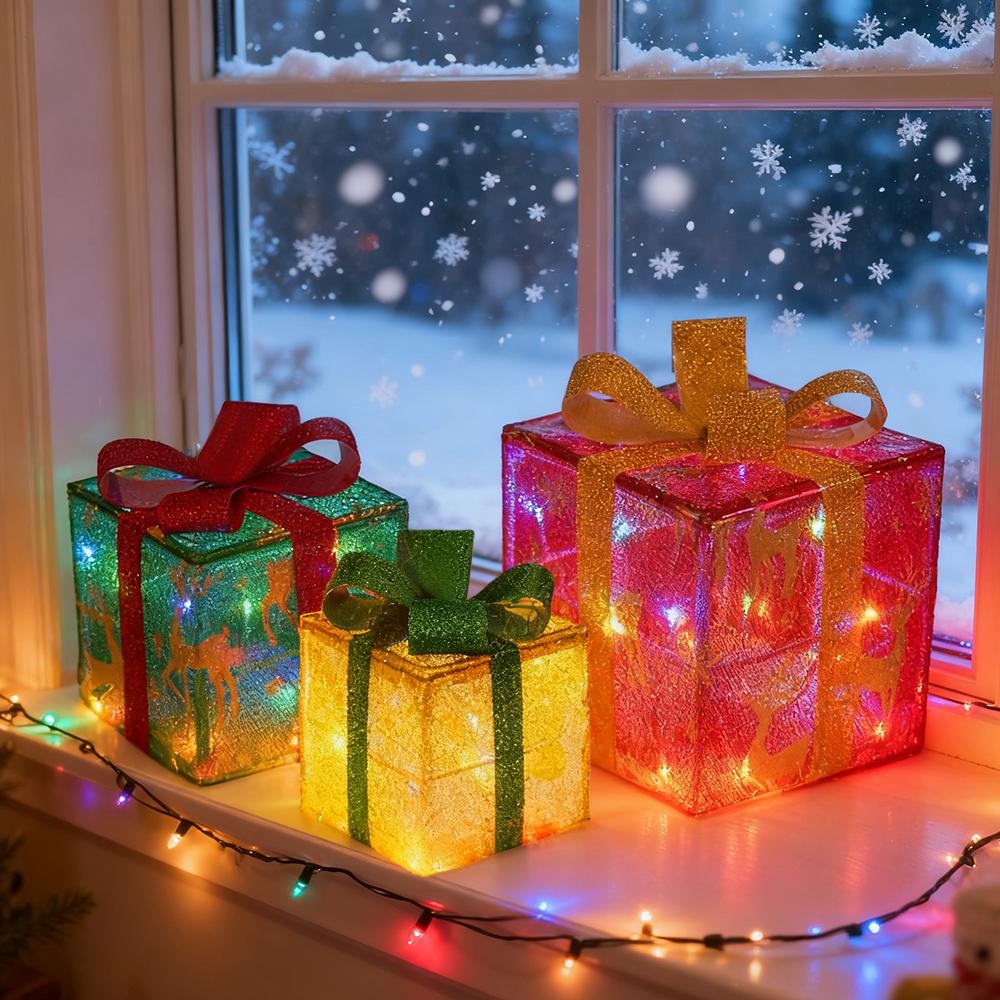 

Christmas Gift Boxes, 3pcs Set Christmas Deer Present Box Decorations for Home with 50 Warm White LED for Indoor Outdoor Decor різнокольоровий