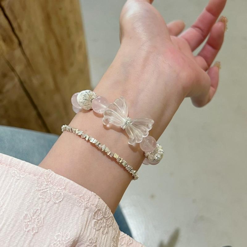 Natural Crystal Bracelet Madagascar Pink Quartz White Crystal Butterfly Snowflake Ghost Bracelet Women's Jewelry Gift
