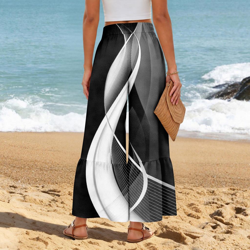 Women's Wide-Leg Casual Pants, Stretch, High Waist, Ruffled Hem, Wide Legs, Belted, And Pockets