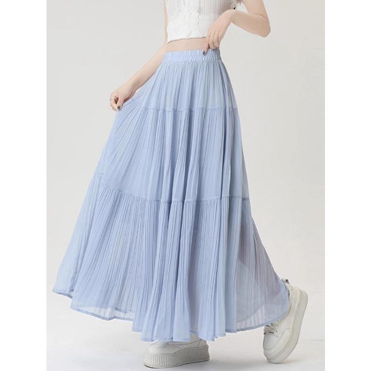 Elegant Purple Chiffon Pleated Half Skirt for Women, Summer High Waist Slim A-line Umbrella Long Swing Skirt