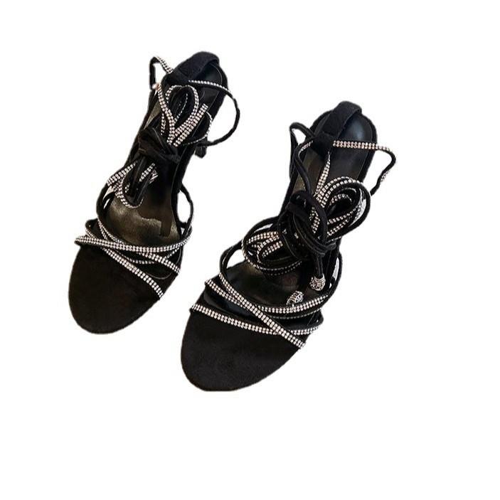 Foreign Trade 2025 Rhinestone Cross Strap High Heel Sandals Open Toe Large Size European and American Fashion Sexy European and American Style