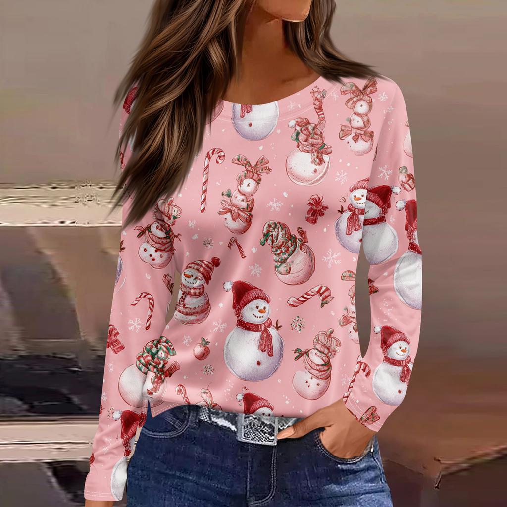 Women's 3D Gradient Striped Santa Claus Head Print Round Neck Long-sleeved T-shirt Top