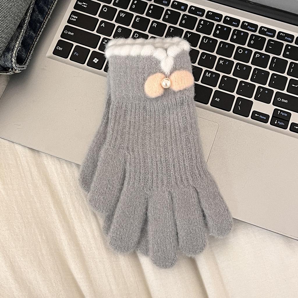 Bow knitted gloves women winter velvet warm cold students outdoor riding electric vehicle five fingers touch screen tide