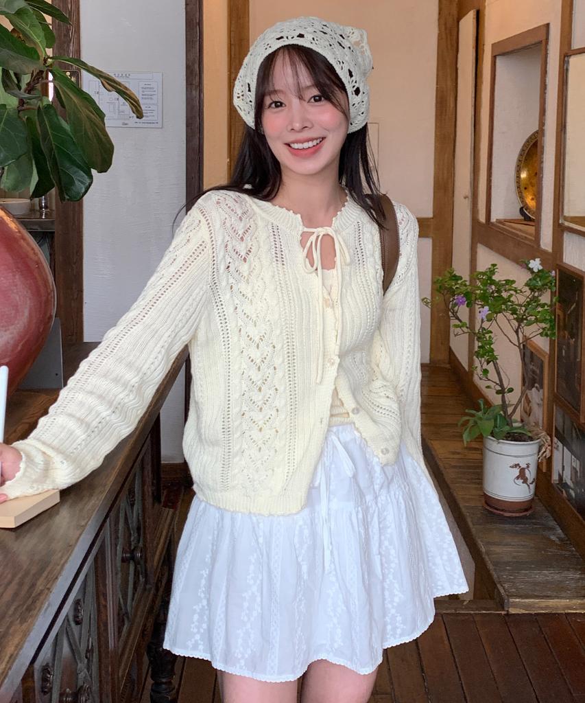 CLUNY [Set] Daisy Leaf Scallop Knit Cardigan - Butter