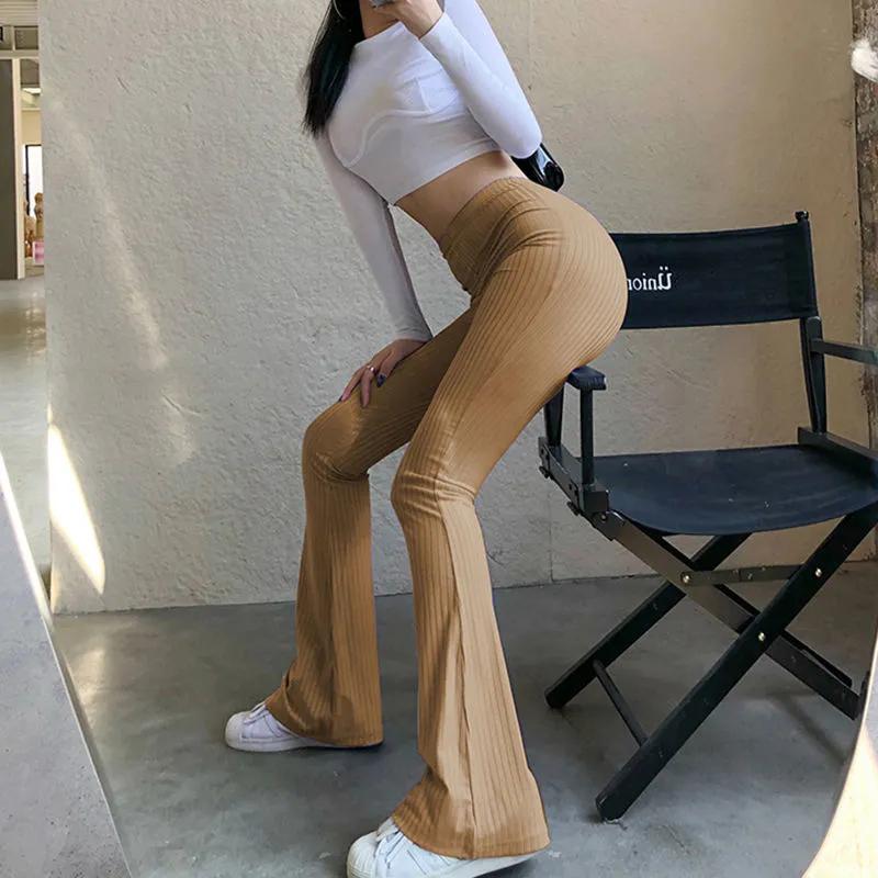 Solid Hot Y2K Woman Pants Aesthetic Fashion Streetwear Women Clothes Slim High Waist Sexy Bell Bottom Long Flare Tights