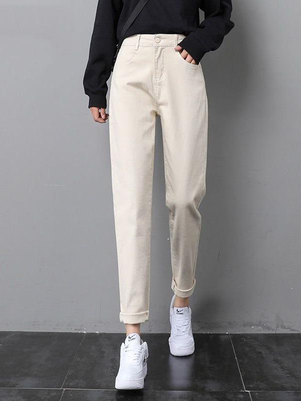 Off-White Women's High Waist Velvet-Lined Slimming Cropped Harem Jeans