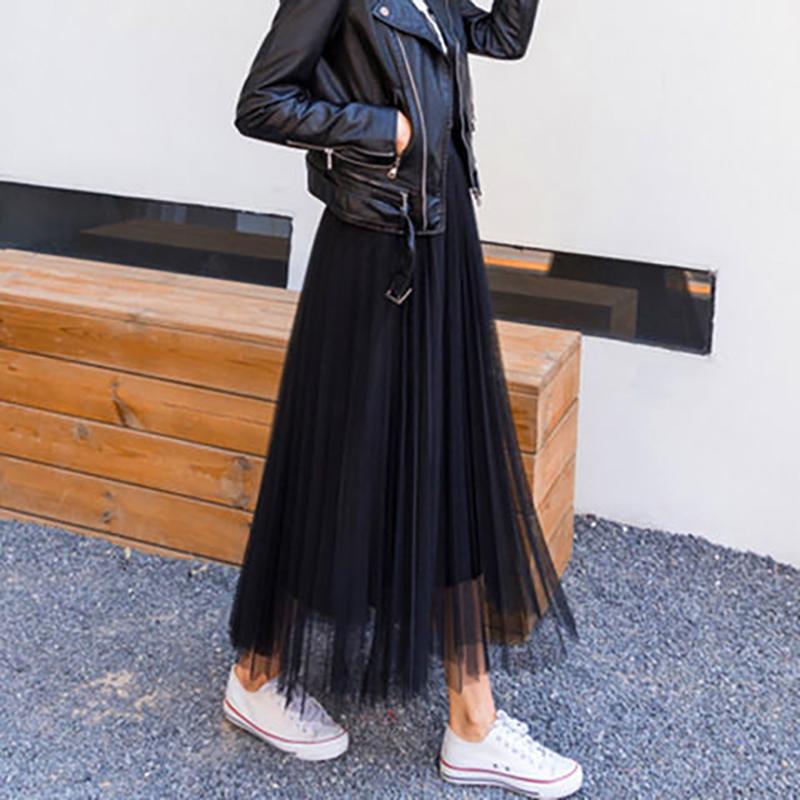 Vintage Tulle Skirt Women Streetwear Elastic High Waist Mesh Pleated Skirts Summer Elegant Korean A Line Office Ladies Skirt