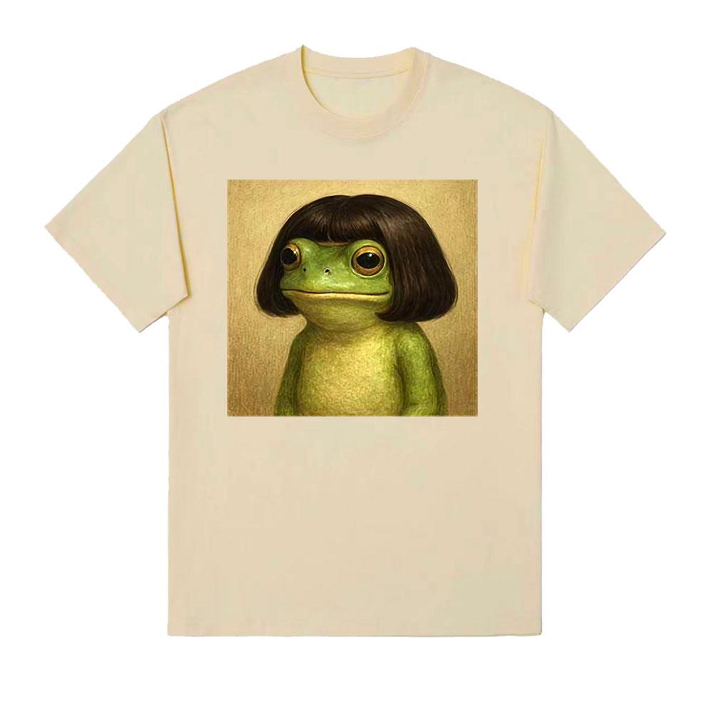 Funny Frog Face with Bob Haircut Meme T Shirt Men Women Humor Short Sleeve T-shirts Vintage Casual Oversized T-shirt