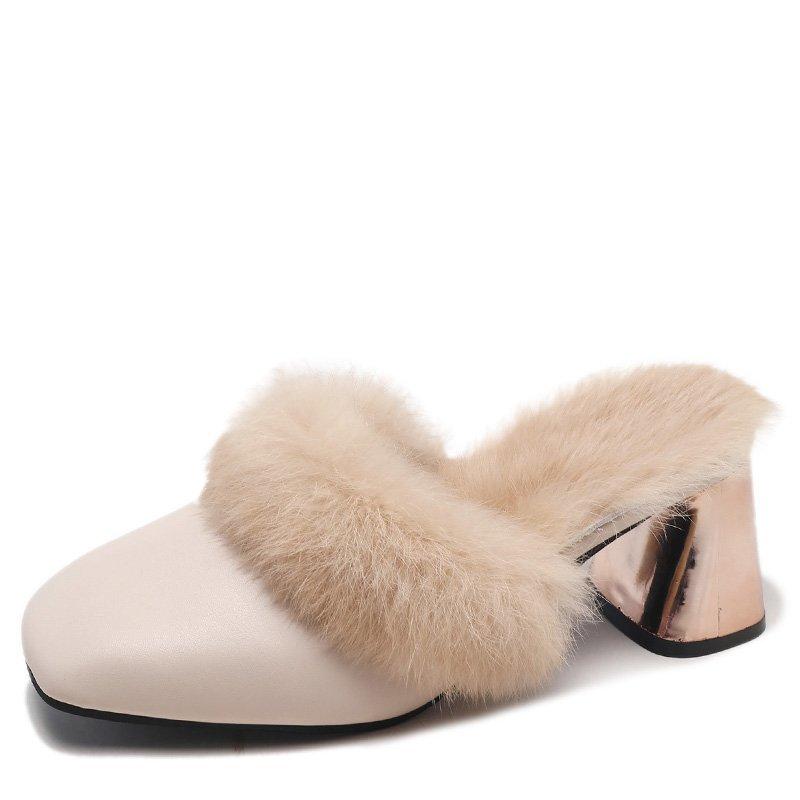 Women's Warm Furry Slippers Women's Shoes Winter Pointed Toe Luxury Furry Square Heel Women's Indoor Slippers