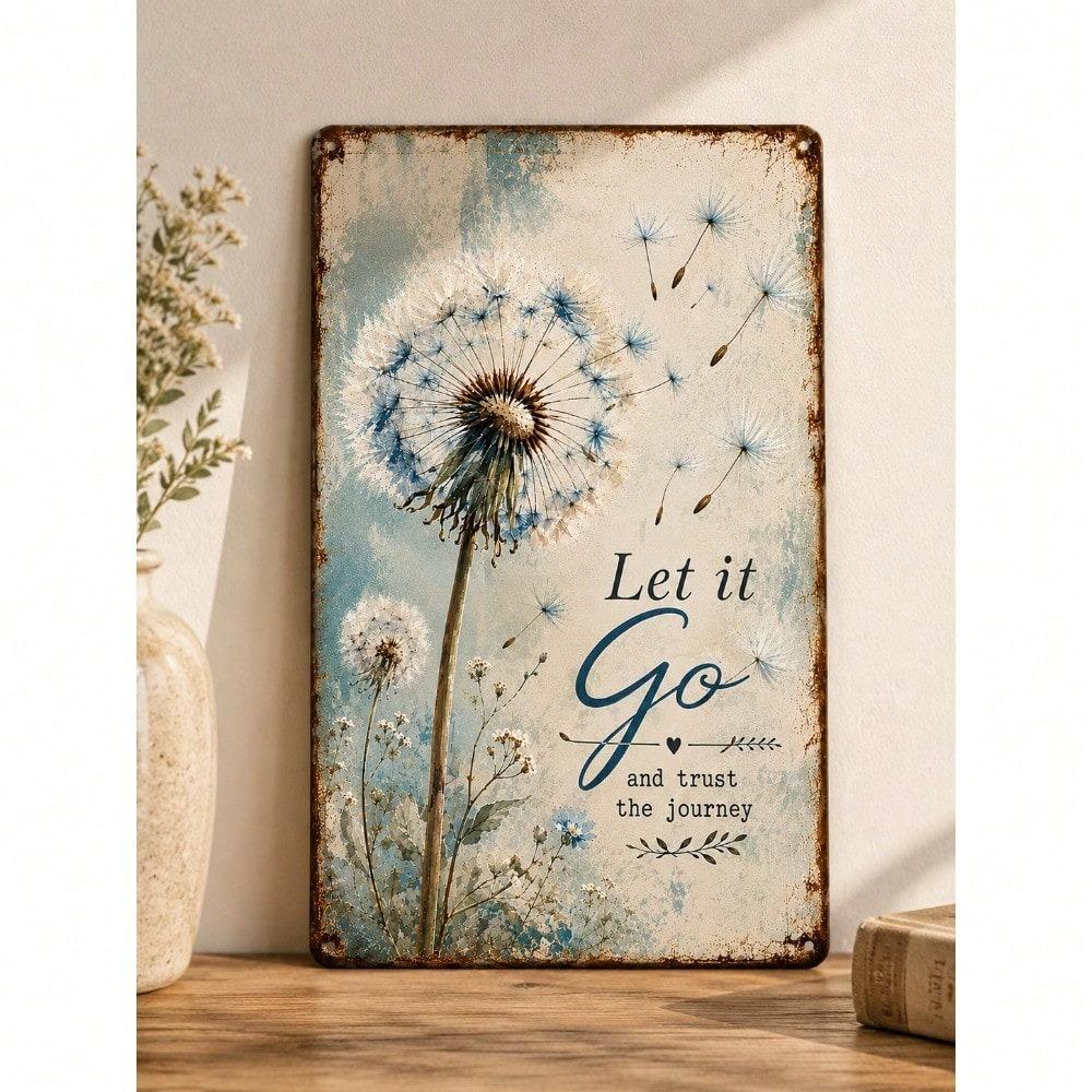 Vintage Dandelion Let Go Quote 2D Flat Rustic Farmhouse Wooden Wall Art, Inspirational Home Decor for Living Room Bedroom