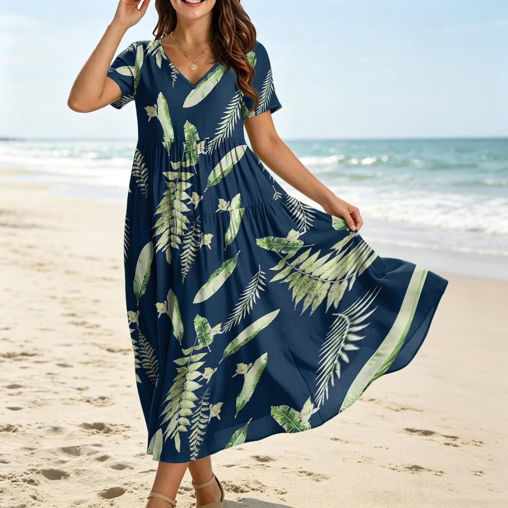 Women's Casual Loose Fit Bohemian Style Gradient Print Short Sleeve V Neck Maxi Dress with Flowing Skirt and Relaxed Silhouette