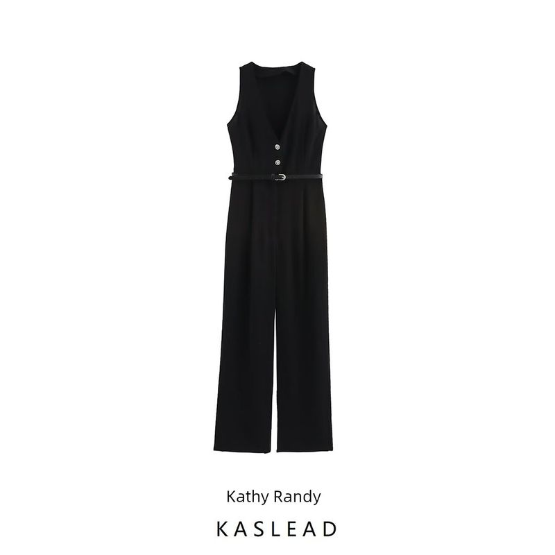 Kaslead New Arrival Women's Clothing Fashion Style Fashion Minimalist with Leather Belt Sleeveless Jumpsuit