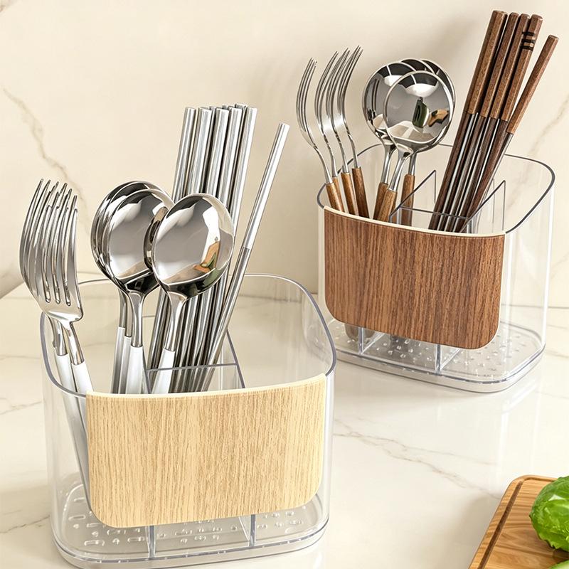 Bamboo Multi-compartment Chopstick and Spoon Holder - Wall-mounted or Countertop Storage in Natural Wood Grain.