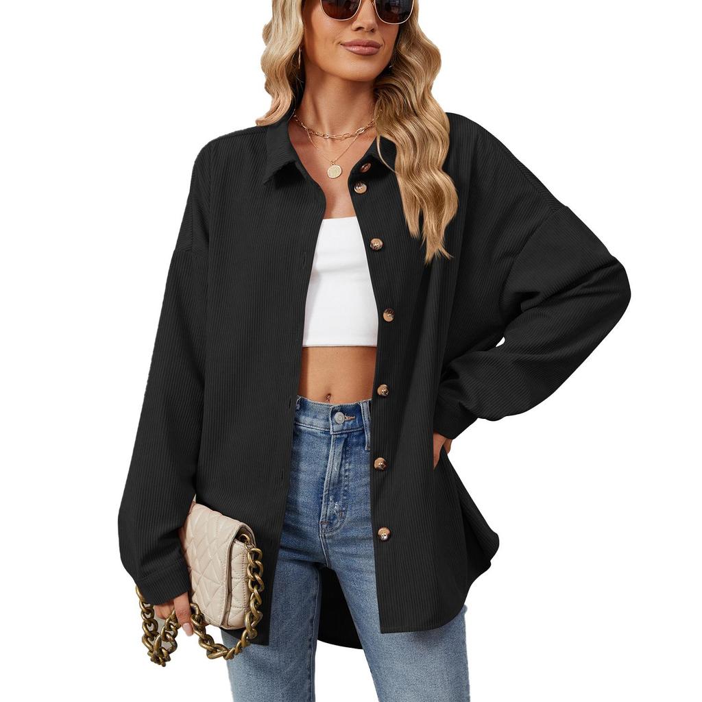 Spring and Autumn Women's Solid Colour Lapel Button Long Sleeve Loose Shirt Jacket