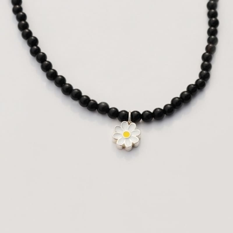 BONBEAU MY Daisy Anhänger Onyx Halskette Silber 925 Gänseblümchen Anhänger Schwarzer Onyx Choker Halskette