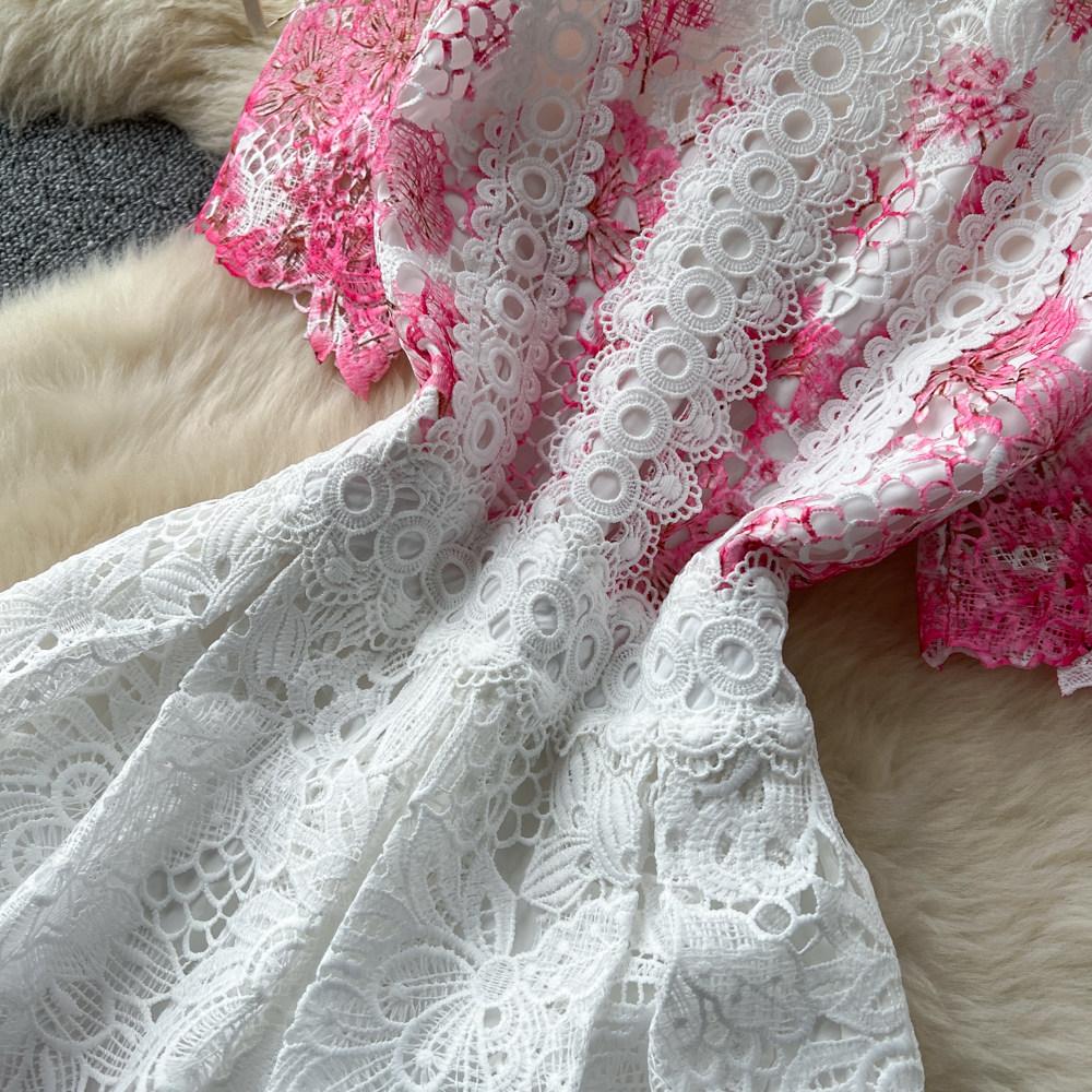Summer Fashionable Short Sleeve Slimming Water Soluble Lace Dress Vintage Stand Collar Ruffles Splice Lace Mid-Length Dress