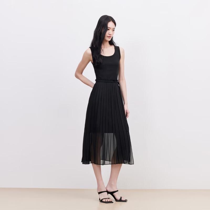 VEROMODA Ribbed Knit Chiffon Tie-Waist Pleated Midi Dress