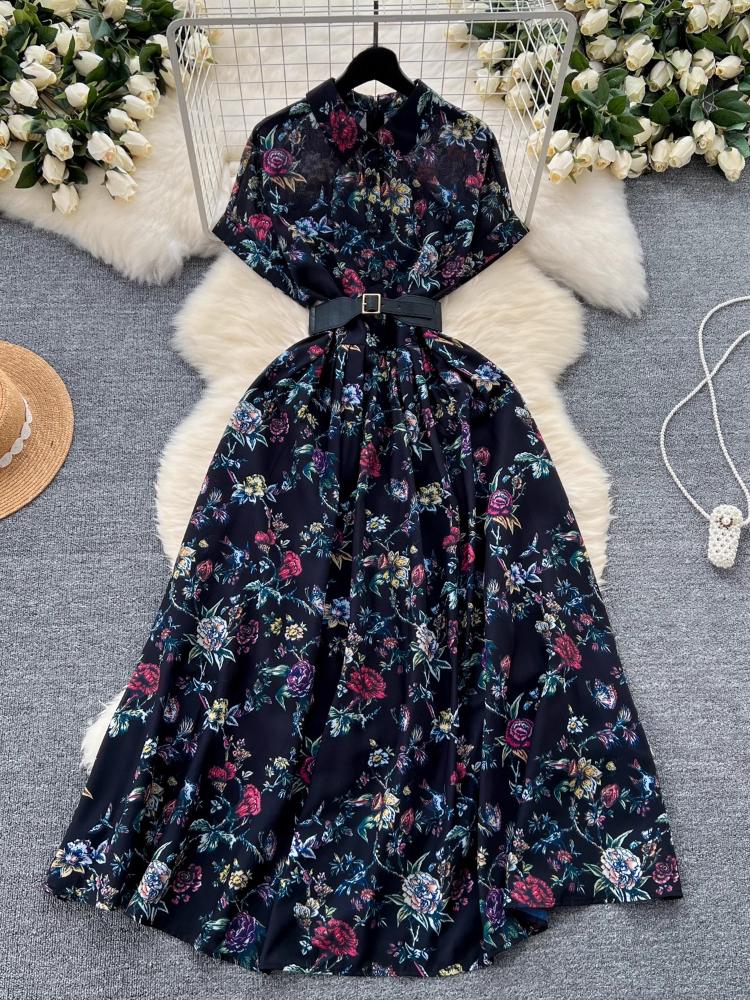 

Французская мода винтажное принтованное платье женское эстетичное отложной воротник с высокой талией пояс платья новый дизайн элегантная макси одежда 2024 XXL чёрный