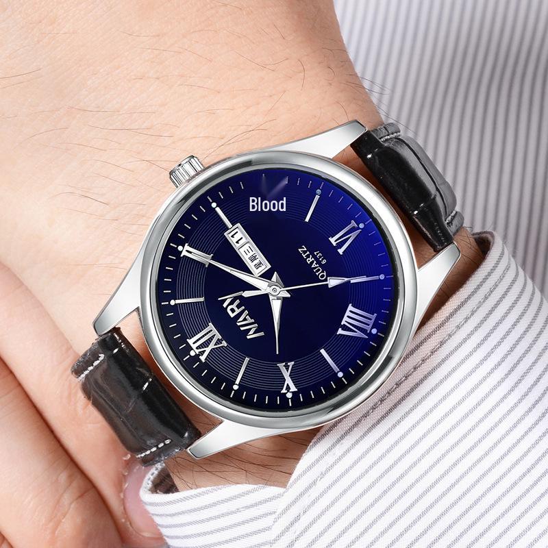 NARY Men s Luminous Waterproof Quartz Watch with Leather Belt and Double Calendar - Model 6137