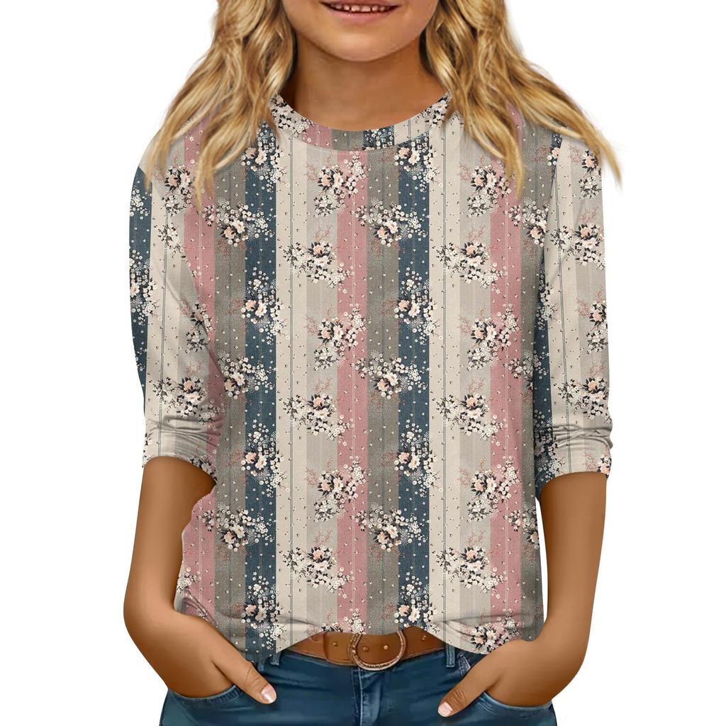 Children's 3/4 Sleeve Tops Casual  Print T Shirt Round Neck Pullover Blouse