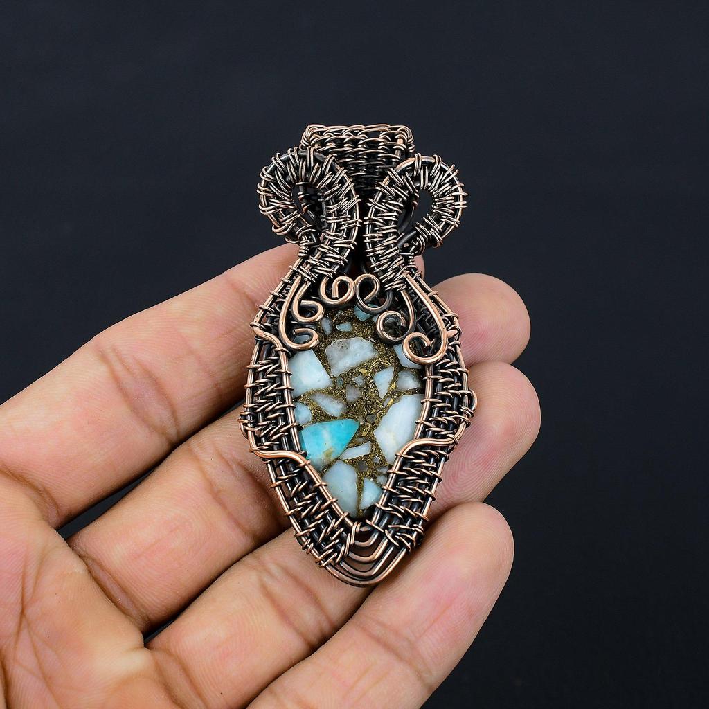 Wunderschöner Kupfer-Larimar-Edelstein, reiner Kupferdraht, umwickelt, handgefertigter Anhänger-Schmuck