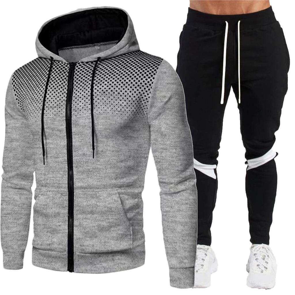 Fashion Men's Jacket Two Piece Zipper Hoodie+Pants Winter Warm Sports Wear Running Sports Wear