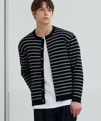 Nodu Block Stripe Round Knit Cardigan [Black]